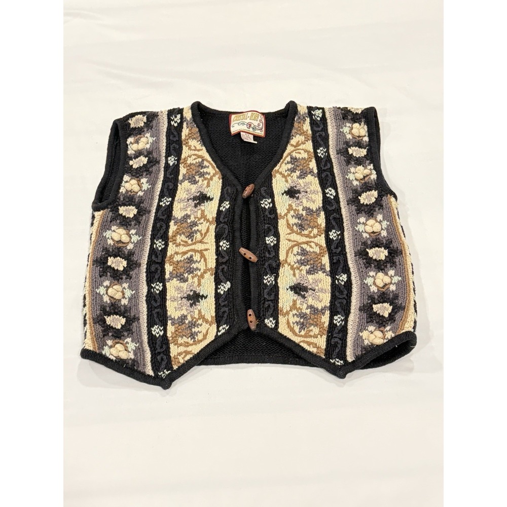 Crystal Kobe Fall Sweater Vest M Black Knit Wooden Buttons Vintage Cottagecore
